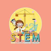 stam utbildning logotyp med forskare flicka seriefigur vektor