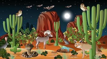 Wüstenwaldlandschaft in der Nachtszene mit wilden Tieren vektor