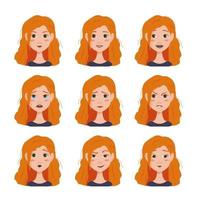 Satz von Gesichtsausdrücken-Avataren einer Frau mit roten Haaren vektor