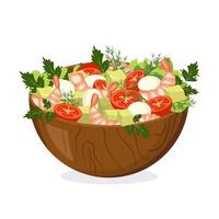 hausgemachter Salat aus Gemüse, Kräutern, Shrimps und Käse in einer Holzschale vektor