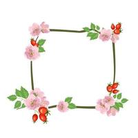 Hagebuttenkranz. quadratischer Rahmen, süße rosa Blüten, Rosenfrüchte und Blätter vektor