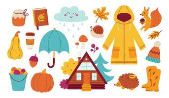 einstellen von gemütlich Herbst Elemente. Kürbis, Ernte, Regenschirm. Vektor Hand gezeichnet Illustration
