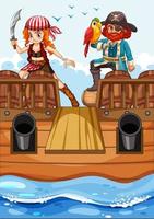 Piratenzeichentrickfigur auf dem Schiff mit Holzplanke vektor