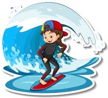 klistermärke en flicka som står på surfbrädan med vattenvåg vektor