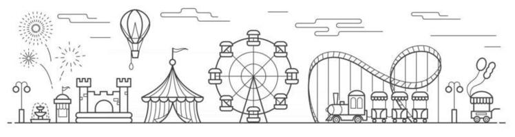 Panorama eines Vergnügungsparks mit Riesenrad, Zirkus, Fahrgeschäften vektor