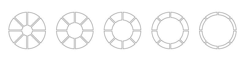 hjul runda dividerat i tio sektioner. översikt munk diagram eller pajer segmenterad på 8 likvärdig delar. diagram infographic uppsättning. cirkel sektion Graf linje konst. paj Diagram ikoner. geometrisk vektor element.