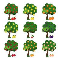 groß einstellen von Abbildungen von Obst Bäume. Grün Obst Baum eben Satz. anders Bäume mit reif Früchte Apfel, Pflaume, Birne, Kirsche, Zitrone, orange. vektor