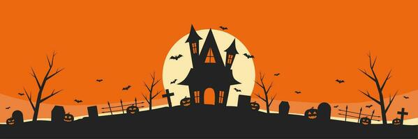 orange halloween baner mall med besatt hus i de mitten av kyrkogård vektor illustration