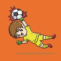 söt pojke i gul jersey spela fotboll vektor illustration. målvakt i fotboll match. målvakt Hoppar till spara Port. söt målvakt vektor illustration.