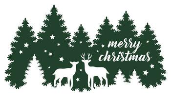 glad jul text baner mall kort ren, träd och snöflinga bakgrund vektor