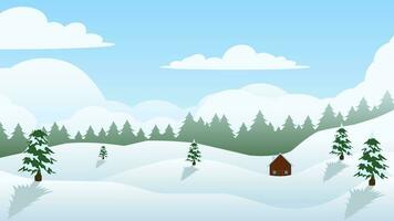 vektor illustration av vinter- säsong. snö kulle med tall träd skog och hus. vinter- landskap för bakgrund, tapet, eller landning sida. landskap natur illustration med lutning stil
