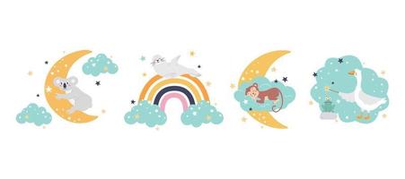 Set süßer Tiere mit Mond, Wolke, Regenbogen. vektor