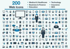 200 Universal- Netz Symbole einschließlich medizinisch und Gesundheitspflege, Geschäft, Finanzen, Versicherung, Technologie, Ausbildung, SEO unterzeichnen. editierbar Vektor eps Symbol Illustration.