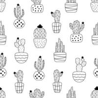 sömlös mönster med kaktus i krukor. svart och vit vektor bakgrund med växter för textilier, brevpapper och omslag papper