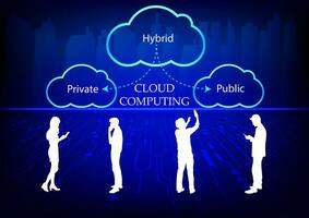 Wolke Computing Konzept mit Menschen Silhouetten auf Blau Hintergrund. Vektor Illustration.