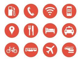 Reisen Symbol einstellen runden Stil. einschließlich Transport, Essen, und Gastfamilie Vektor Illustration