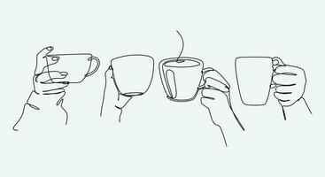 uppsättning av teckning av händer innehav kaffe i kontinuerlig ett linje teckning stil. dryck i en kopp. vektor illustration