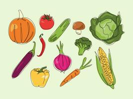 uppsättning av grönsaker, frukt i ett kontinuerlig linje teckning stil och färgad. vektor illustration.