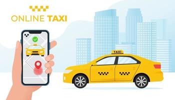 online taxitjänstkoncept. gul taxibil och handhållen smartphone med taxiprogram på stadsbakgrund. vektorillustration i platt stil vektor