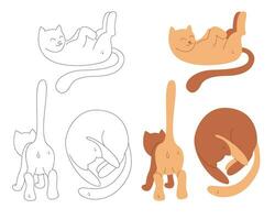 einstellen mit drei süß inländisch Katzen im anders Posen. schwarz und Weiß und Farbe Clip Art Vektor Illustration.