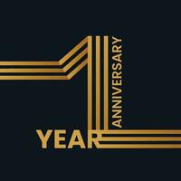 1 år årsdag firande hälsning kort vektor mall. årsdag och födelsedag firande logotyp med elegant gyllene Färg brev 1 på mörk bakgrund. företag 1 år händelse.