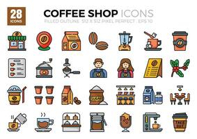 Symbol Packungen von Kaffee Geschäft gefüllt Umriss. das Sammlung beinhaltet Symbole von verschiedene Aspekte verbunden zu Kaffee Geschäfte, reichen von Geschäft und Entwicklung zu Programmierung, Netz Design, App Design. vektor