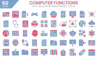 dator verktyg platt två Färg ikon ställ in samling inkluderar företag och utveckling, programmering, webb design, app design, och Mer. vektor