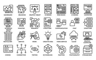 Netz Entwicklungen detailliert Gliederung Symbole Set.enthält Symbole wie Design, Entwickler, Kodierung, Inhalt, und mehr. vektor