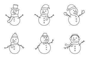 linje konst glad snögubbe uppsättning i annorlunda kostymer. vinter, jul, och ny år design element vektor