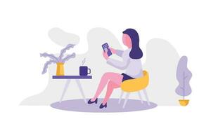 jung Büro arbeiten. ein Frau war Sitzung mit ein Smartphone. Vektor Illustration mit ein Platz zum Nächster