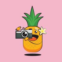 süßer Ananas-Cartoon, der im Sommerurlaub Bilder mit der Kamera macht vektor