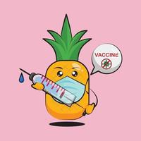 süße Ananas-Karikatur mit Anti-Coronavirus-Impfstoff vektor