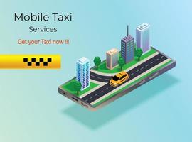vektor isometrisk illustration taxi i en stad på smartphone, taxi i staden, taxi på vägen på mobil, smartphone app