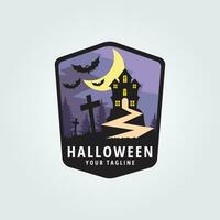 halloween logotyp ikon design inspiration med fladdermus, grav, väg, måne och slott vektor illustration