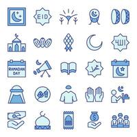 Ramadan Symbole einstellen im Blau farbig Gliederung Stil. das Sammlung beinhaltet Netz Design, Anwendung Design, ui Design, während Ramadan, eid, und Andere. vektor