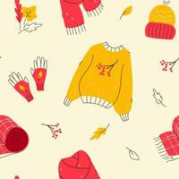 höst värma kläder sömlös mönster. gul och röd mysigt falla vektor bakgrund med stickat Tröja, scarf, hatt och handskar. klotter hand dragen stil.