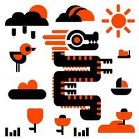 en uppsättning av vår geometrisk objekt och en drake i orange och svart färger. vår säsong Sol, blommor, fjäril, regn, moln, fågel, bo, snödroppe. samling av minimalistisk element av sommar vektor