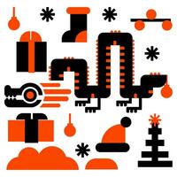 en uppsättning av jul geometrisk objekt och en drake i orange och svart färger. vinter- säsong snödriva, snöflinga, hatt, strumpa, jul träd, leksak. samling av minimalistisk element av vinter- vektor