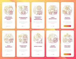Fundraising-Events Onboarding mobiler App-Seitenbildschirme eingestellt vektor