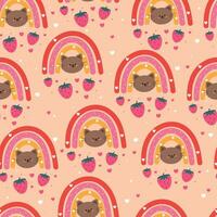 süß Katze und Boho Regenbogen mit Erdbeere nahtlos Muster, süß Hintergrund zum Stoff drucken, Geschenk wickeln Papier vektor