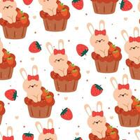 süß nahtlos Muster Karikatur Hase mit süß Nachtisch. Tier Hintergrund zum Kinder, Textil, Stoff drucken, Geschenk wickeln Papier vektor