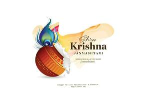 kreativ Hand Beschriftung Text krishna Janmashtami mit schön Illustration von dahi Handi, traditionell Poster Design zum Hindu Festival Shree krishna Janmashtami. vektor