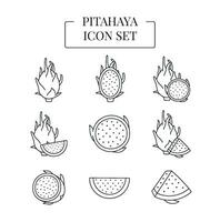 Pitahaya Obst ganze und Hälfte, Schnitt in Scheiben, einstellen von Linie Symbole im Vektor