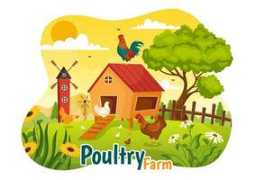 fjäderfän bruka vektor illustration med kycklingar, tuppar, sugrör, bur och ägg på landskap av grön fält bakgrund i platt tecknad serie design