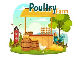 fjäderfän bruka vektor illustration med kycklingar, tuppar, sugrör, bur och ägg på landskap av grön fält bakgrund i platt tecknad serie design