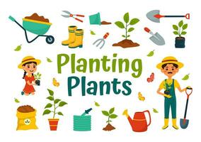 Pflanzen Pflanzen Vektor Illustration mit Menschen genießen Gartenarbeit, Anlage, Bewässerung oder graben im das Garten im eben Kinder Karikatur Hintergrund Design