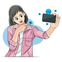 ein jung Mädchen fröhlich nehmen ein Selfie auf ein Smartphone. Vektor Illustration Profi herunterladen