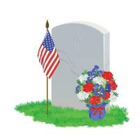 en vit marmor gravsten på de grön gräs.a bukett av vit, blå och röd blommor. ett amerikan flagga pryder de grav på minnesmärke dag. vektor illustration.