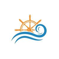 Kreuzfahrt Schiff Ruder Logo Design mit Meer Wellen. Logo zum Geschäft, Matrosen, Segeln. vektor