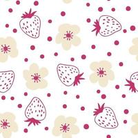 Doodle-Stil Erdbeeren und Blumen Vektor nahtlose Muster. Design für T-Shirt, Textil und Drucke. handgezeichnete Illustration für Dekor und Design